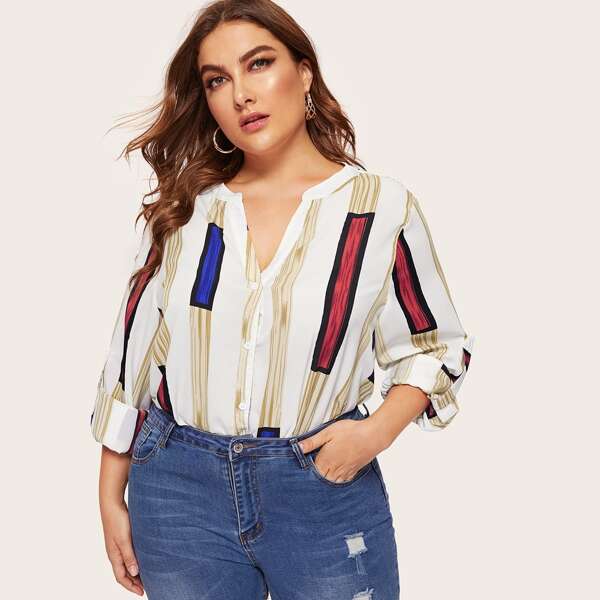 

Plus V-neck Striped Print Roll Tab Sleeve Blouse