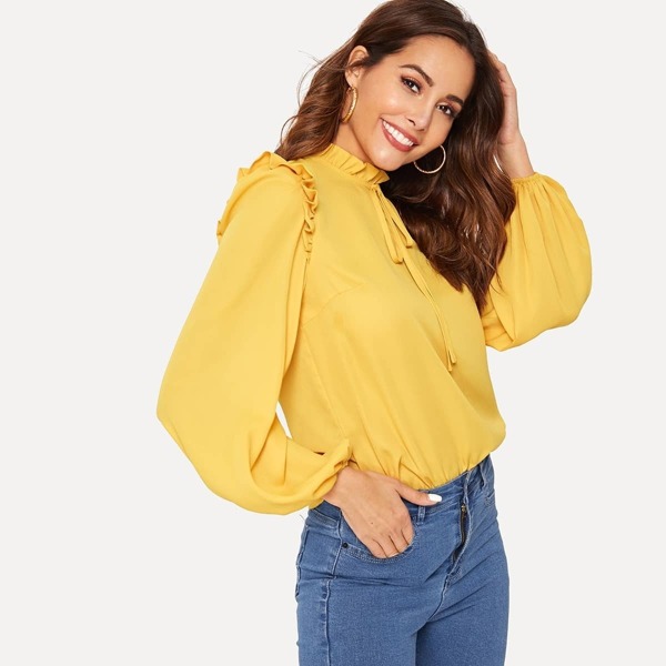 

Frill Trim Knot Neck Bishop Sleeve Blouse