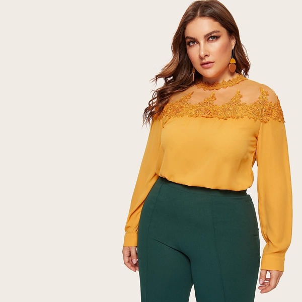 

Plus Embroidered Applique Sheer Yoke Top