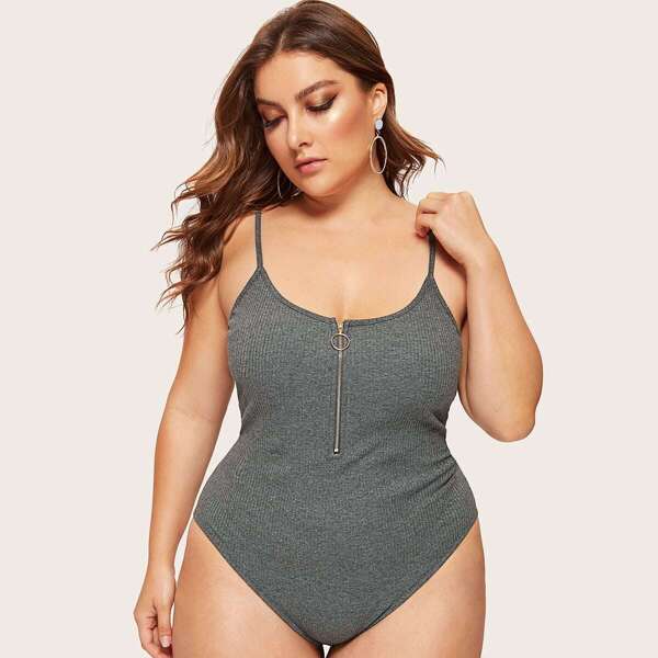 

Plus Zip Front Rib-knit Cami Bodysuit