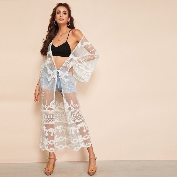 

Trumpet Sleeve Knot Embroidery Mesh Kimono