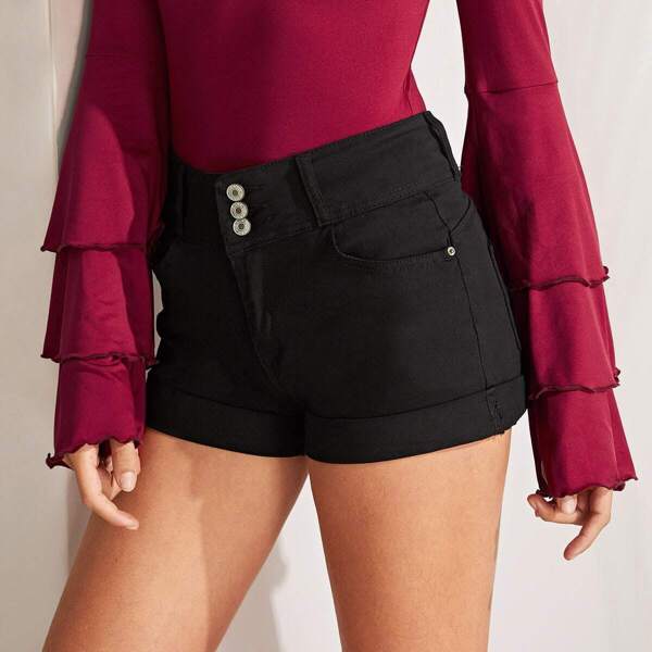 

Wide Waistband Rolled Hem Denim Shorts