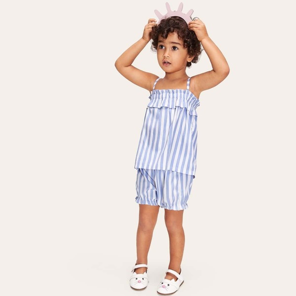 

Toddler Girls Vertical-stripe Frilled Trim Cami Top & Shorts Set, Blue