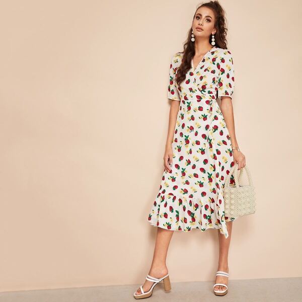 

Strawberry Print Flounce Hem Surplice Wrap Dress, Multicolor