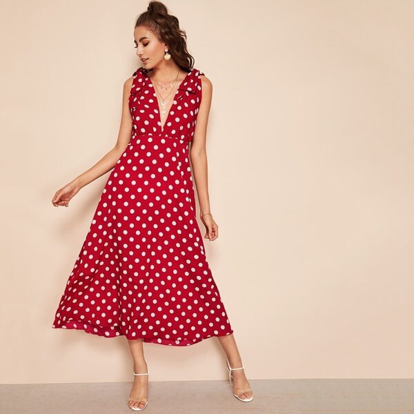 

Tie Shoulder Plunging Neck Polka Dot Dress, Red bright