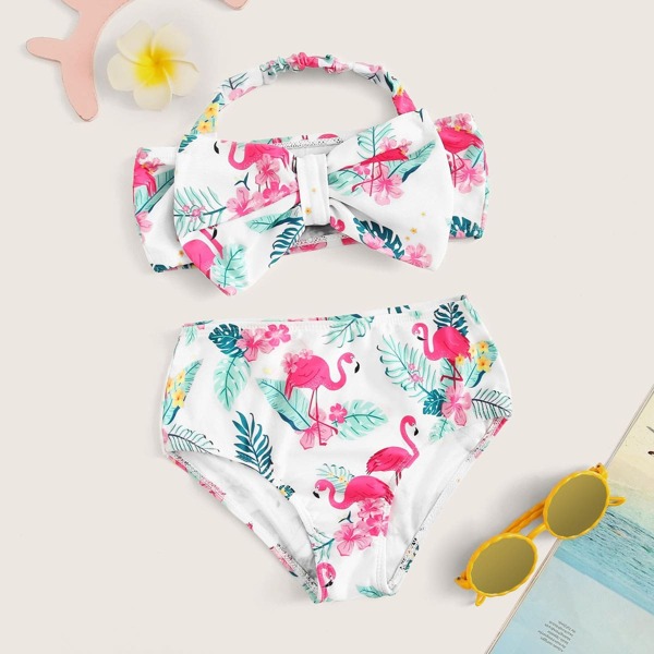 

Toddler Girls Random Tropical Bow Decorated Halter Bikini