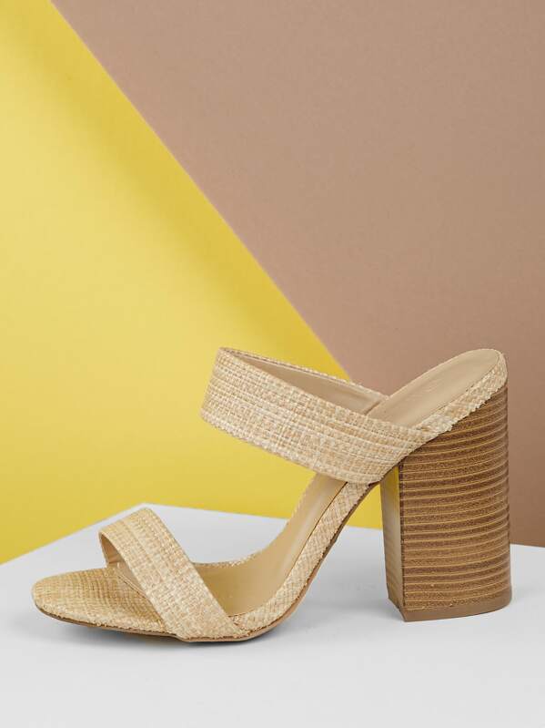 

Raffia Woven Double Band Stacked Heel Sandals, Nude