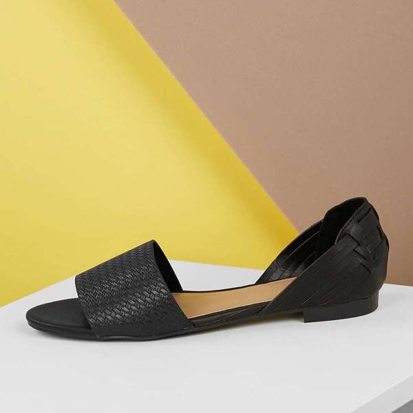 

Embossed Wide Band Open Toe Huarache Style Flats, Black