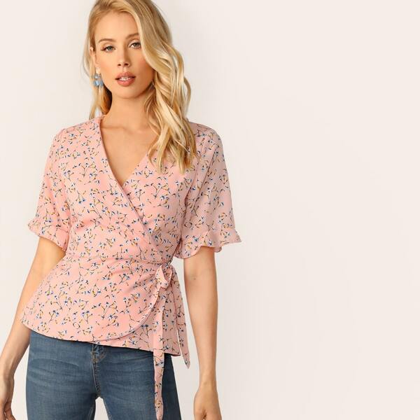 

Ditsy Floral Tie Side Wrap Blouse, Pink pastel