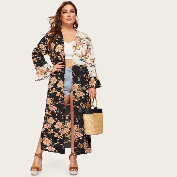 

Plus Floral Print Flounce Sleeve Cardigan, Multicolor