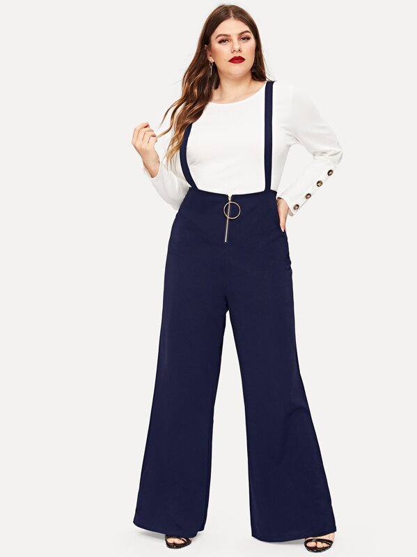 

Plus Solid Zip Front Pinafore Pants, Navy, Isabela