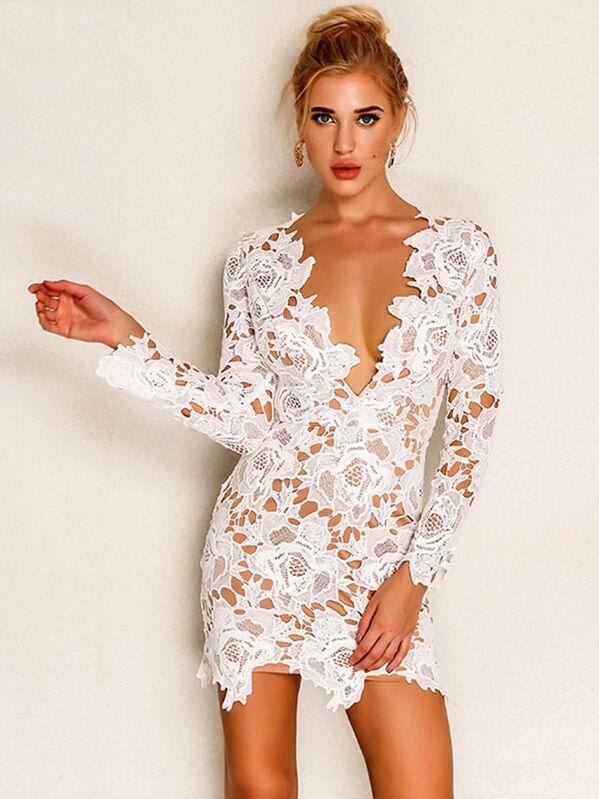 

Joyfunear Plunging Neck Guipure Lace Dress, White
