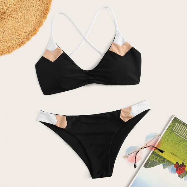 

Lace-up Back Top With Color-block Bikini, Black