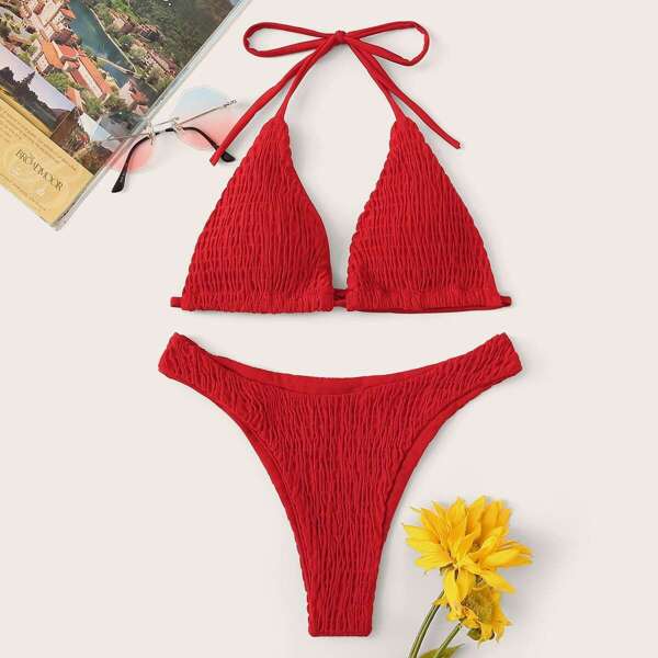 

Smocked Triangle Top With High Cut Bikini Set, Red bright