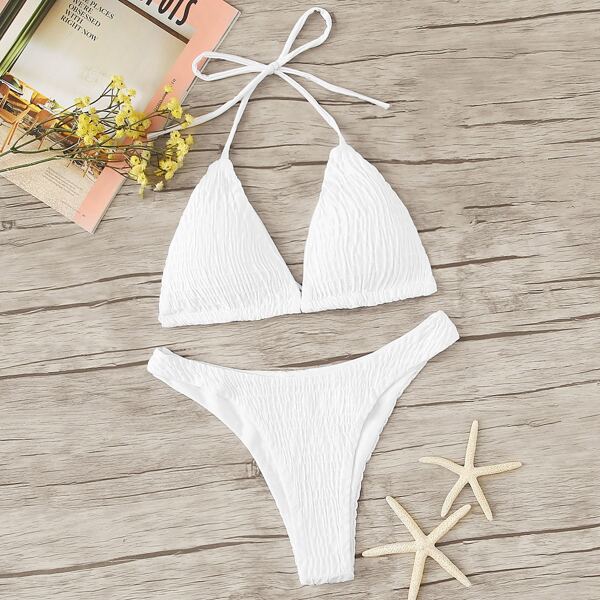 

Smocked Triangle Top With High Cut Bikini Set