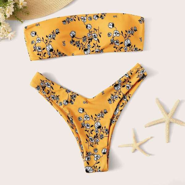 

Ditsy Floral Bandeau With High Cut Bikini, Multicolor