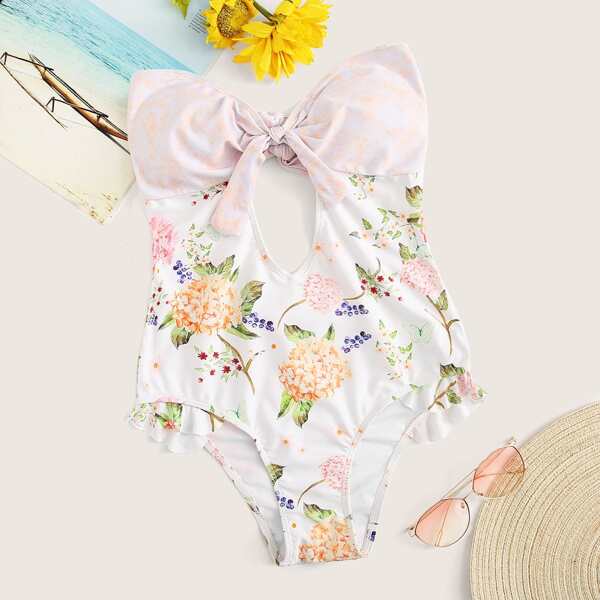 

Floral Ruffle Cut-out Knot Bandeau One Piece Swimwear, Multicolor