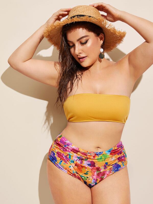 

Plus Ribbed Lace-up Bandeau With Floral Ruched Bikini, Multicolor, Franziska