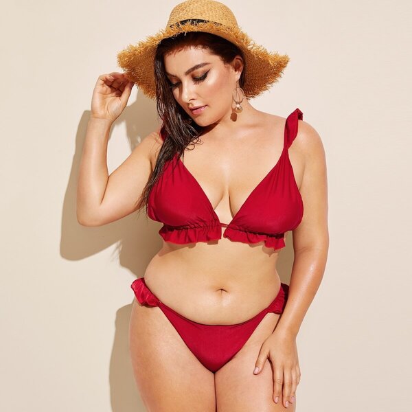 

Plus Ruffle Triangle Top With Cheeky Bikini, Red