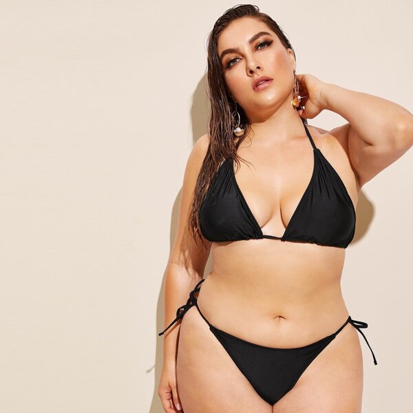

Plus Triangle Halter Top With Tie Side Bikini, Black