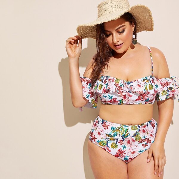 

Plus Floral Detachable Strap Top With High Waist Bikini, Multicolor