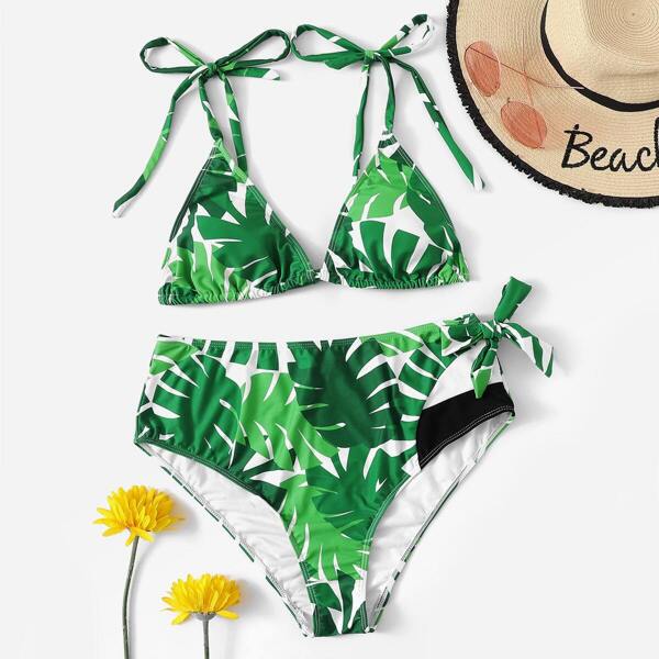 

Plus Palm Print Triangle Top With Tie Side Bikini, Green