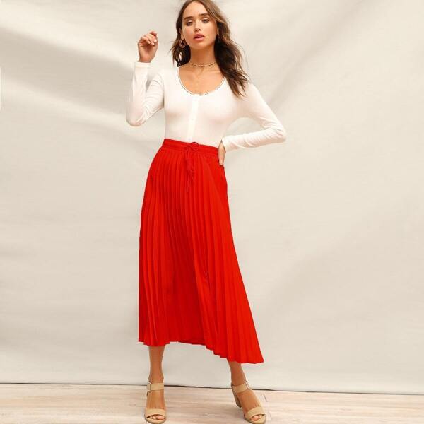 

Drawstring Waist Pleated Skirt, Red bright