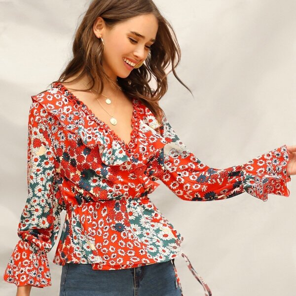 

Surplice Wrap Knot Bell Sleeve Floral Print Top, Multicolor