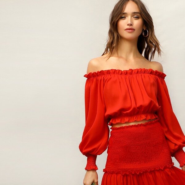 

Frill Trim Shirred Cuff Off Shoulder Crop Top, Red bright