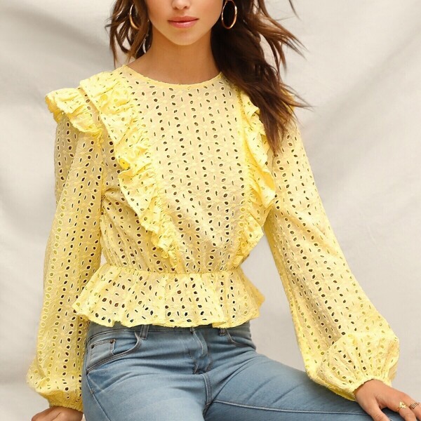 

Ruffle Detail Embroidered Eyelet Peplum Top, Yellow