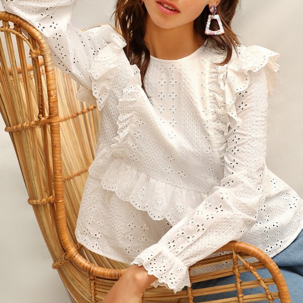 

Ruffle Trim Embroidered Eyelet Top, Beige
