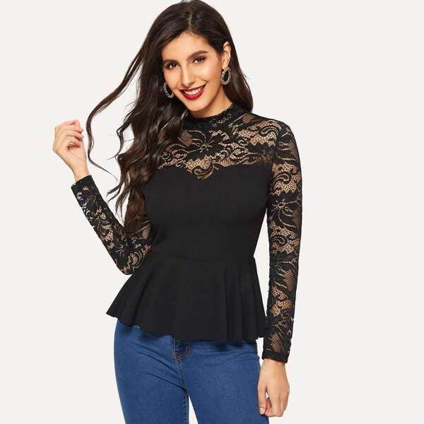 

Lace Insert Sweetheart Peplum Top