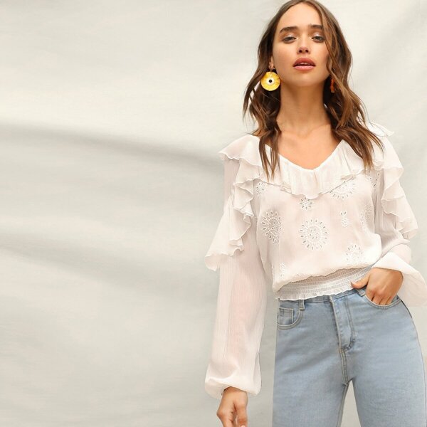 

Shirred Waist Schiffy Ruffle Top, White