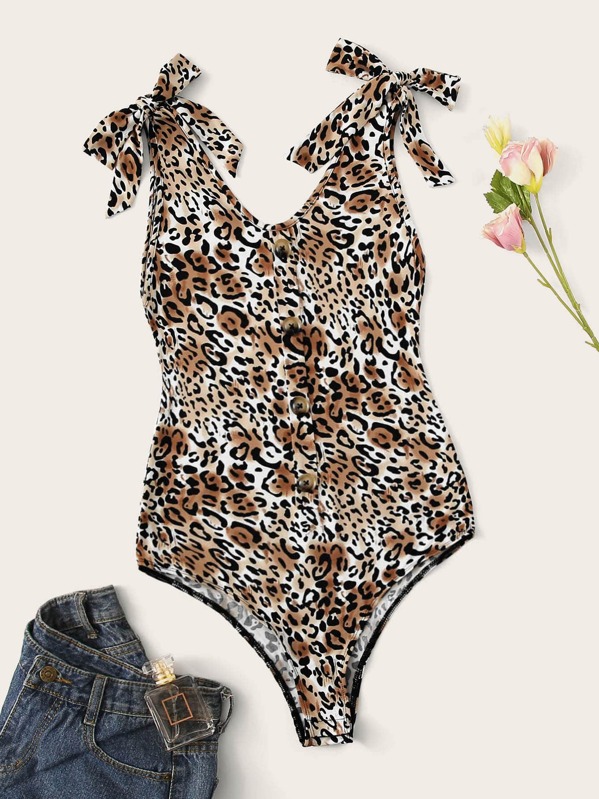 

Knotted Shoulder Button Front Leopard Bodysuit, Multicolor