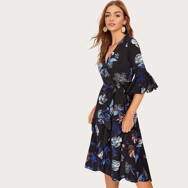 

Ruffle Trim Belted Surplice Floral Print Dress, Multicolor