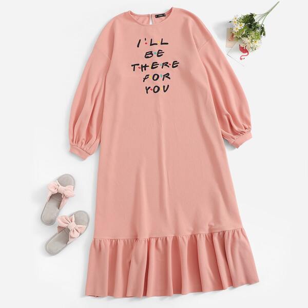 

Plus Drop Shoulder Ruffle Hem Letter Print Dress