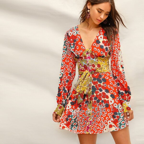 

Button Front Floral Belted Dress, Multicolor