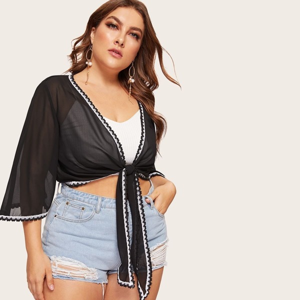 

Plus Lace Trim Knotted Crop Sheer Kimono