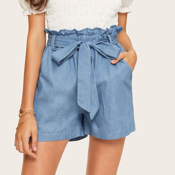 

Paperbag Waist Pocket Patched Denim Shorts, Light wash