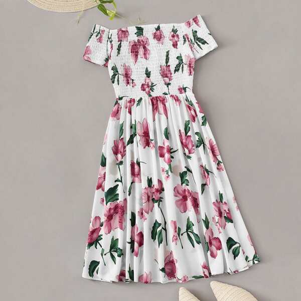 

Shirred Bodice Floral Print Off Shoulder Dress