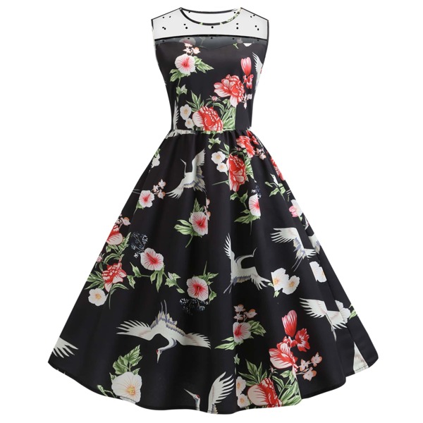 

50s Contrast Mesh Floral Print Dress