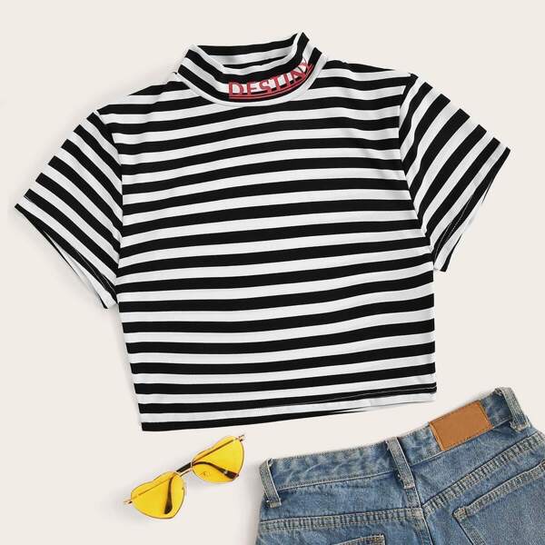 

Striped Letter Print Stand Collar Crop Tee