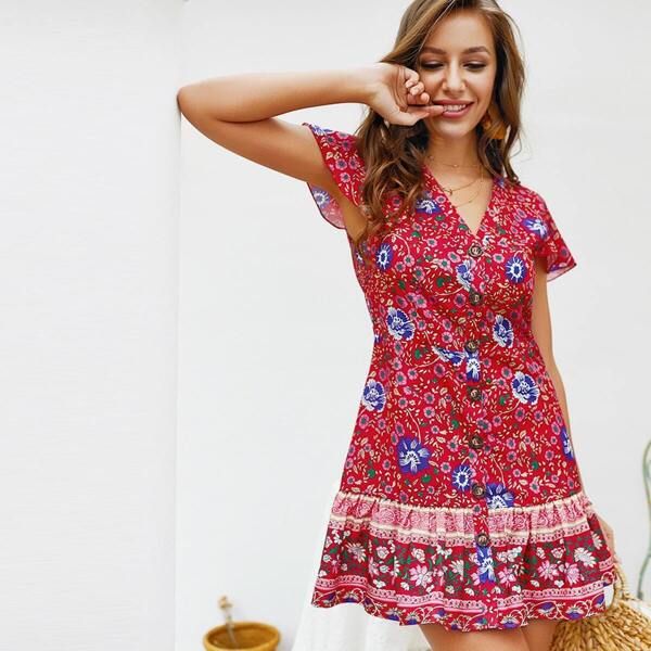 

Ditsy Floral Ruffle Hem Button Through Dress