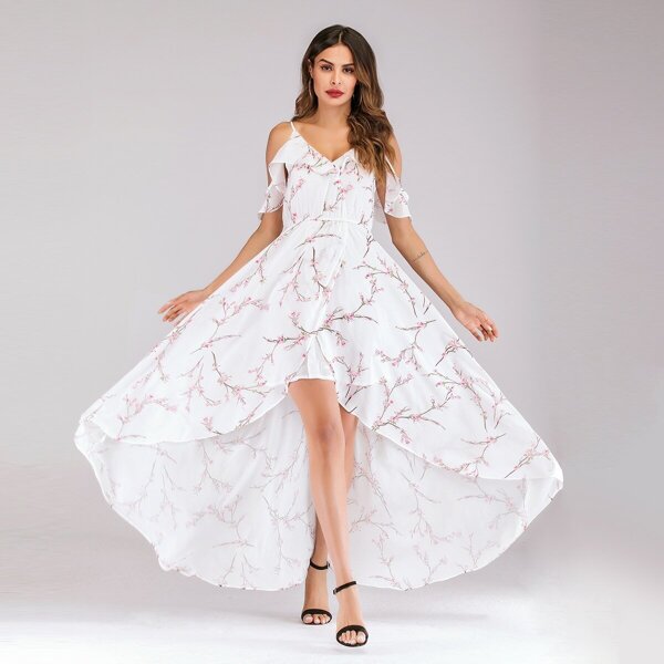 

Peach Blossom Print Flounce Trim Cami Dress, White