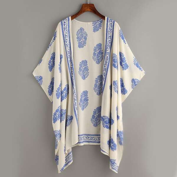

Vintage Pattern Print Hanky Hem Kimono, Beige