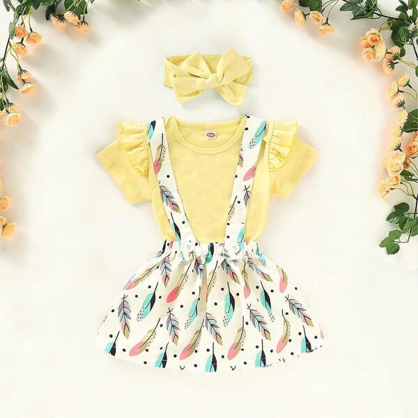 

Toddler Girls Frill Top & Feather Print Straps Skirt & Headband