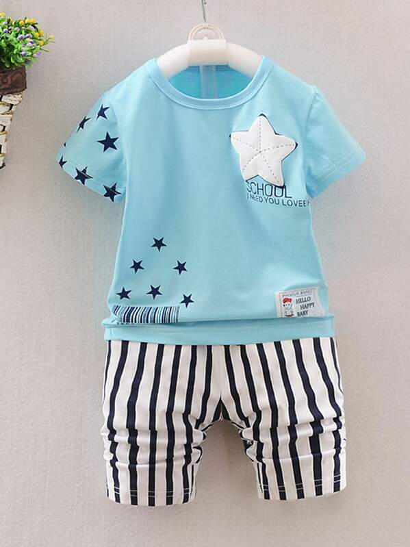 

Toddler Boys Star Print Tee With Striped Print Shorts, Multicolor
