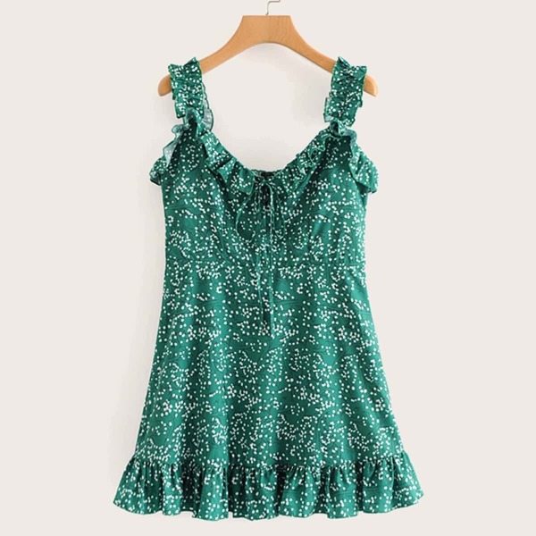 

Ditsy Floral Shirred Back Frill Cami Dress, Green