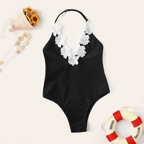 

Toddler Girls Appliques Low Back One Piece Swim, Black