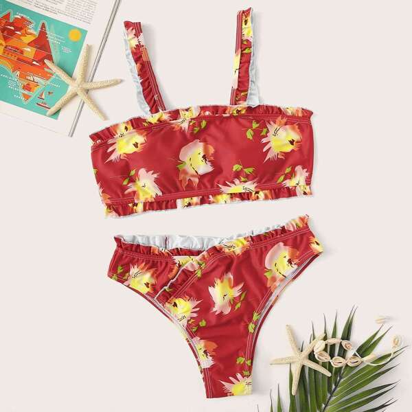 

Floral Frill Trim Bikini Set, Red